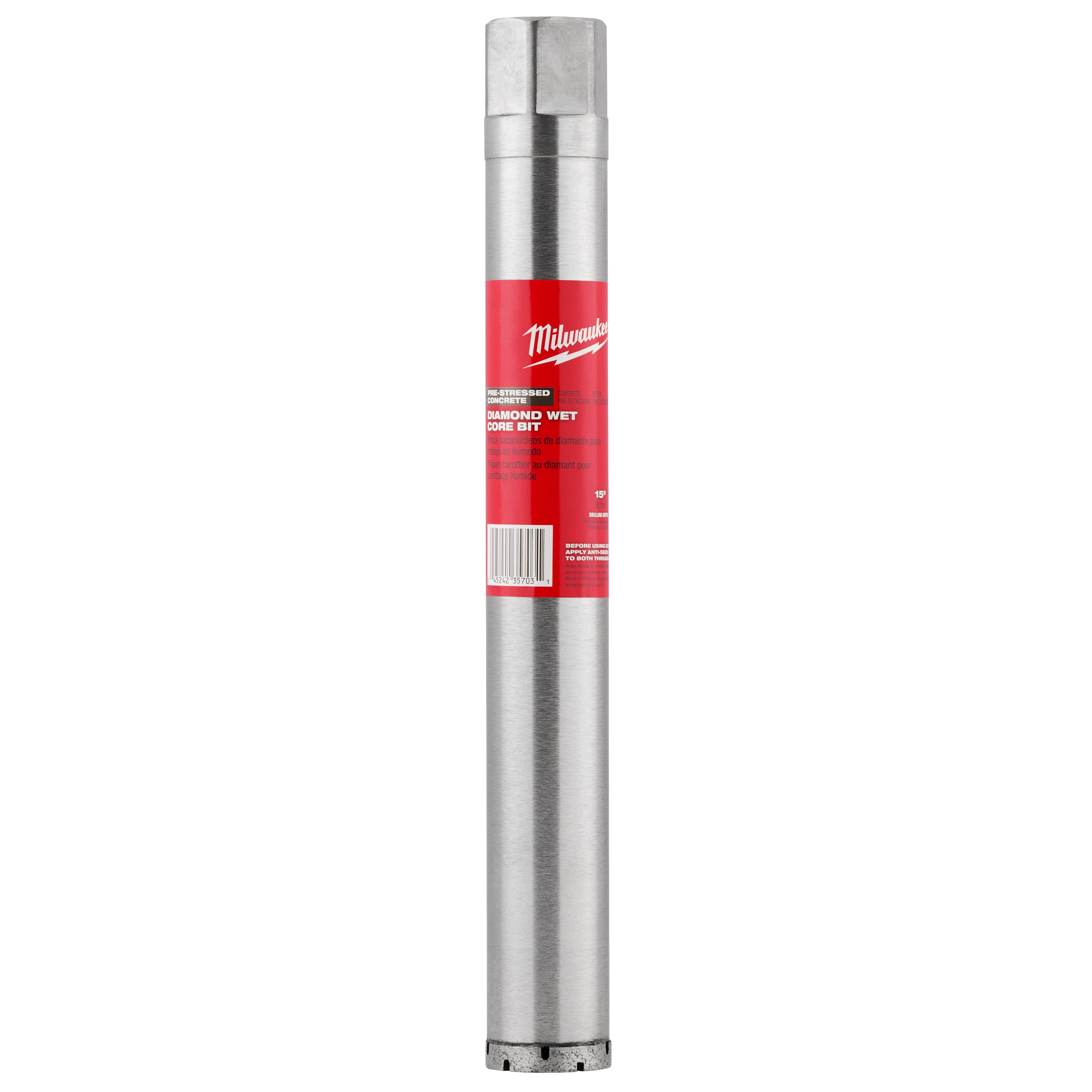 Milwaukee Pre-Stressed Diamond Wet Core Bit Block Shot, featuring a silver cylindrical body with a red label, designed for precise drilling.