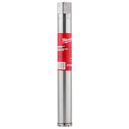 Milwaukee Pre-Stressed Diamond Wet Core Bit Block Shot, featuring a silver cylindrical body with a red label, designed for precise drilling.
