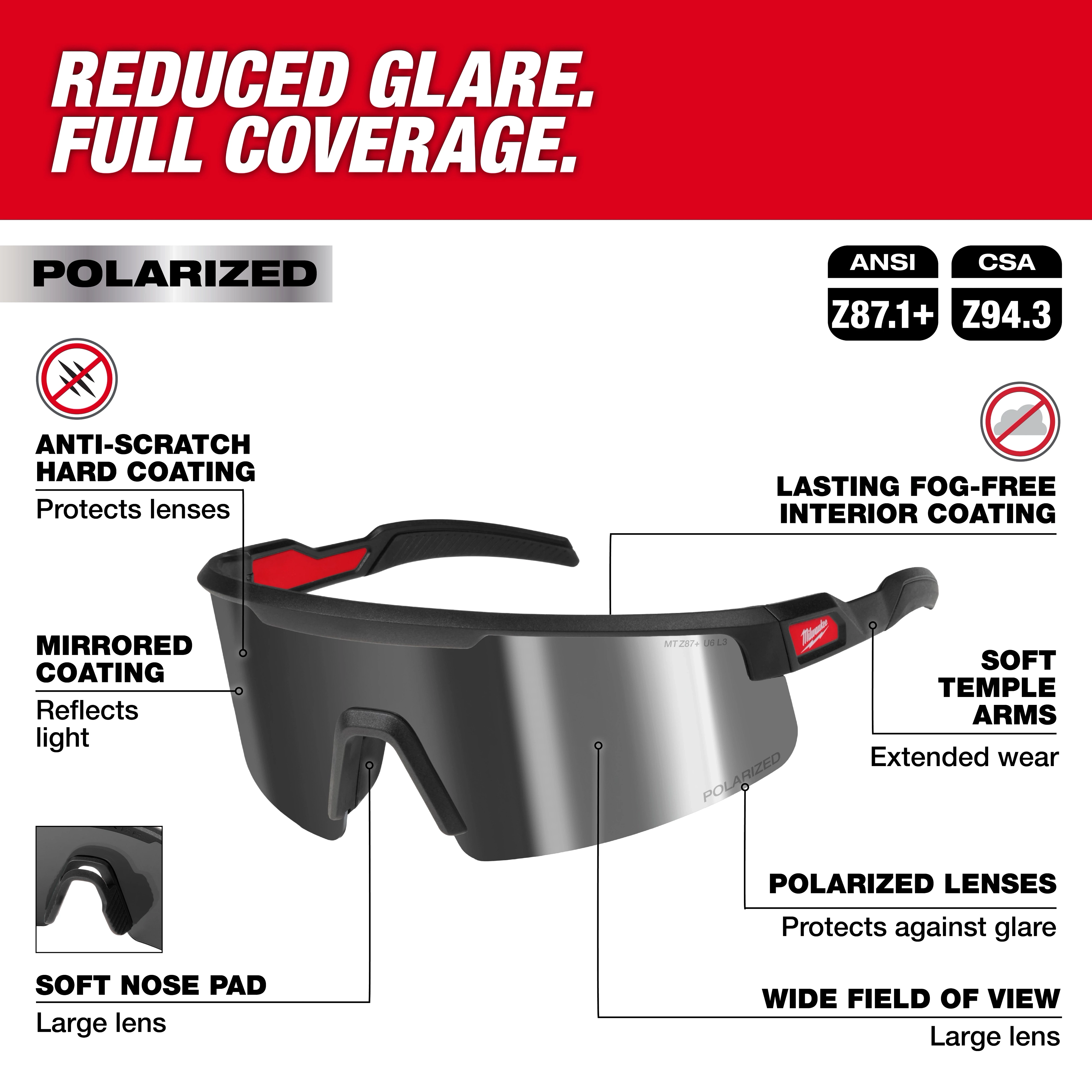 Wrap Around Safety Glasses - Mirrored Anti-Scratch Lenses with polarized, fog-free lenses, soft nose pad, and soft temple arms.