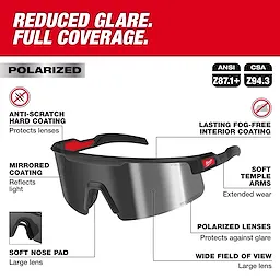 Wrap Around Safety Glasses - Mirrored Anti-Scratch Lenses with polarized, fog-free lenses, soft nose pad, and soft temple arms.