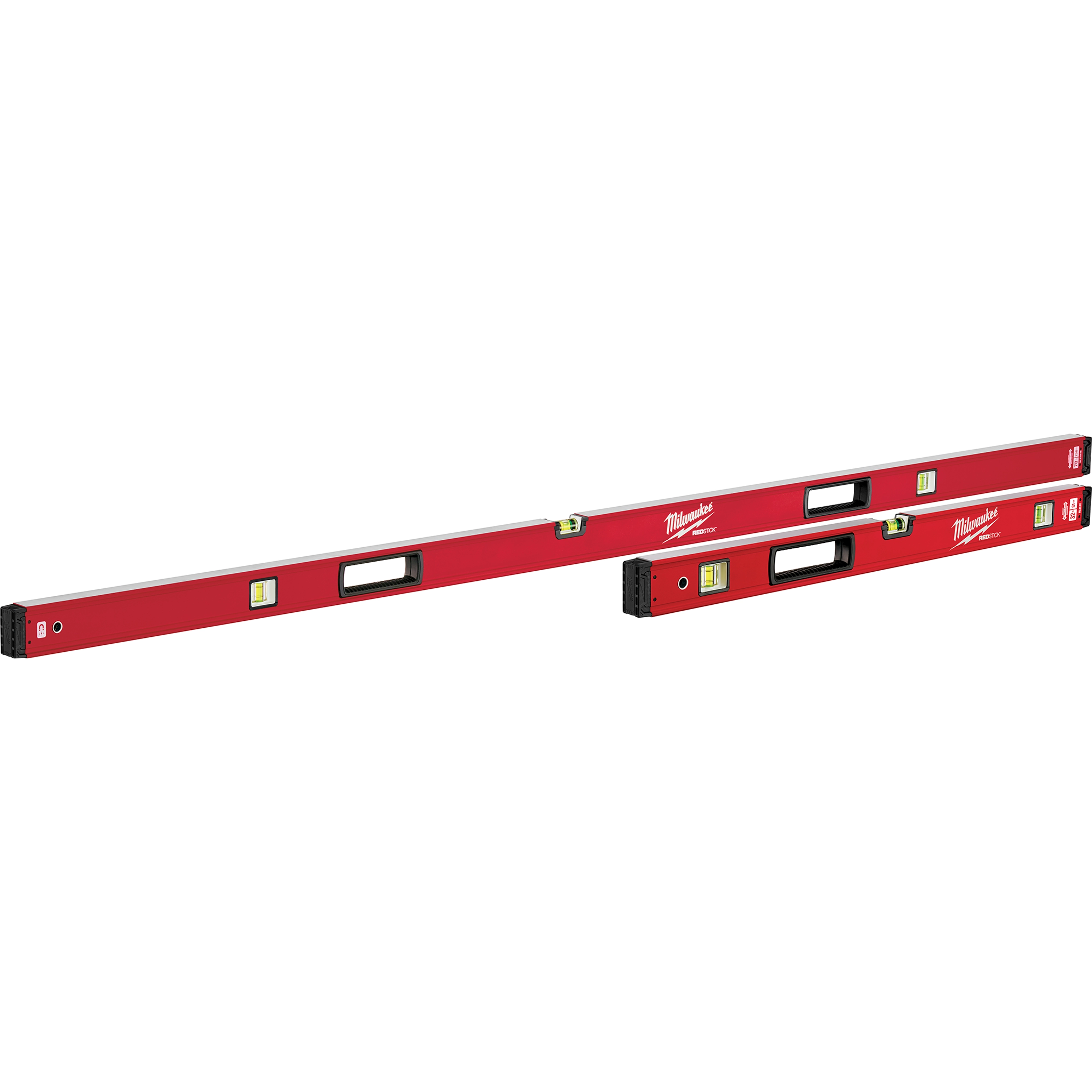 Three red REDSTICK levels of different lengths with bubble vials and black end caps, placed side by side on a white background.