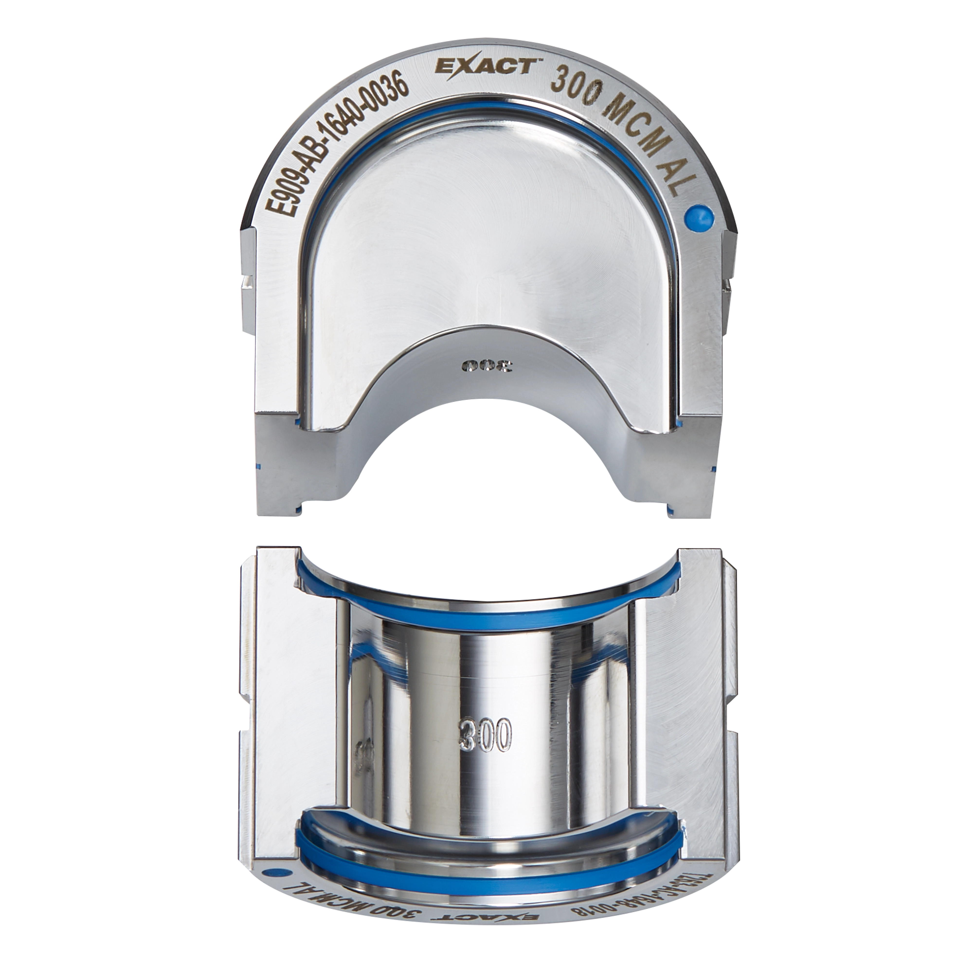 The FORCELOGIC™ M18™ 750 MCM Crimper Kit includes a crimping die set with the marking "EXACT 300 MCM AL." The die set features a silver metallic finish with blue accents and is designed for crimping 300 MCM aluminum conductors.