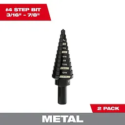 48-89-9234 Black Oxide Step Bit features a graduated design for drilling holes from 3/16" to 7/8" in metal. The #4 step bit has clearly marked increments for precise drilling sizes. Pack of two is indicated on the image, with a gray background and red accents.