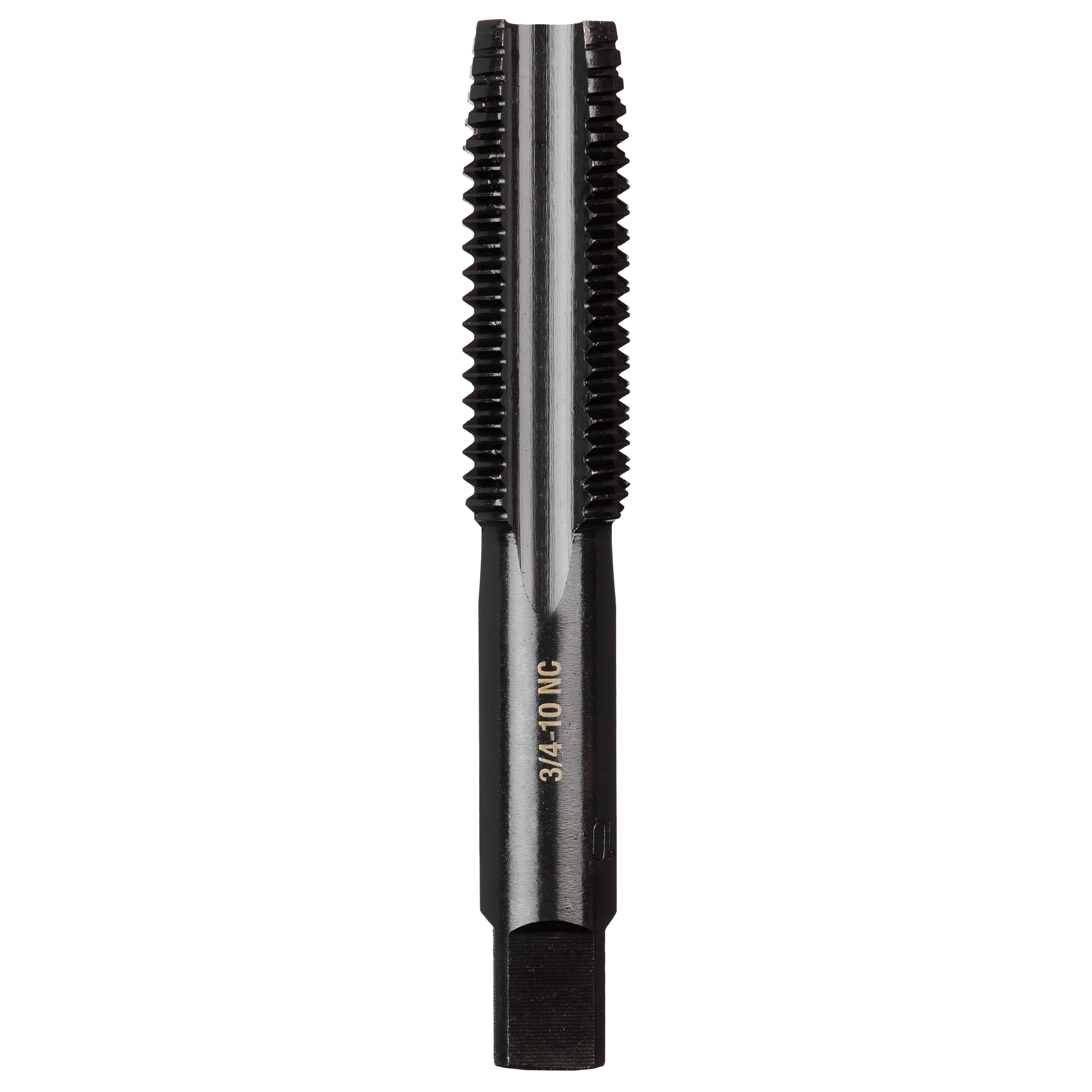 3/4"-10 NC Straight Flute Plug Tap, a metal tool with threading along its upper half and a smooth shank below.