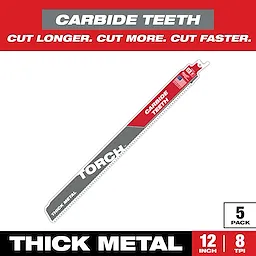 Sawzall Bi-Metal Carbide Primary Images product features a 12-inch carbide teeth saw blade for cutting thick metal. The blade has 8 TPI and comes in a 5-pack, designed to cut longer, more, and faster.
