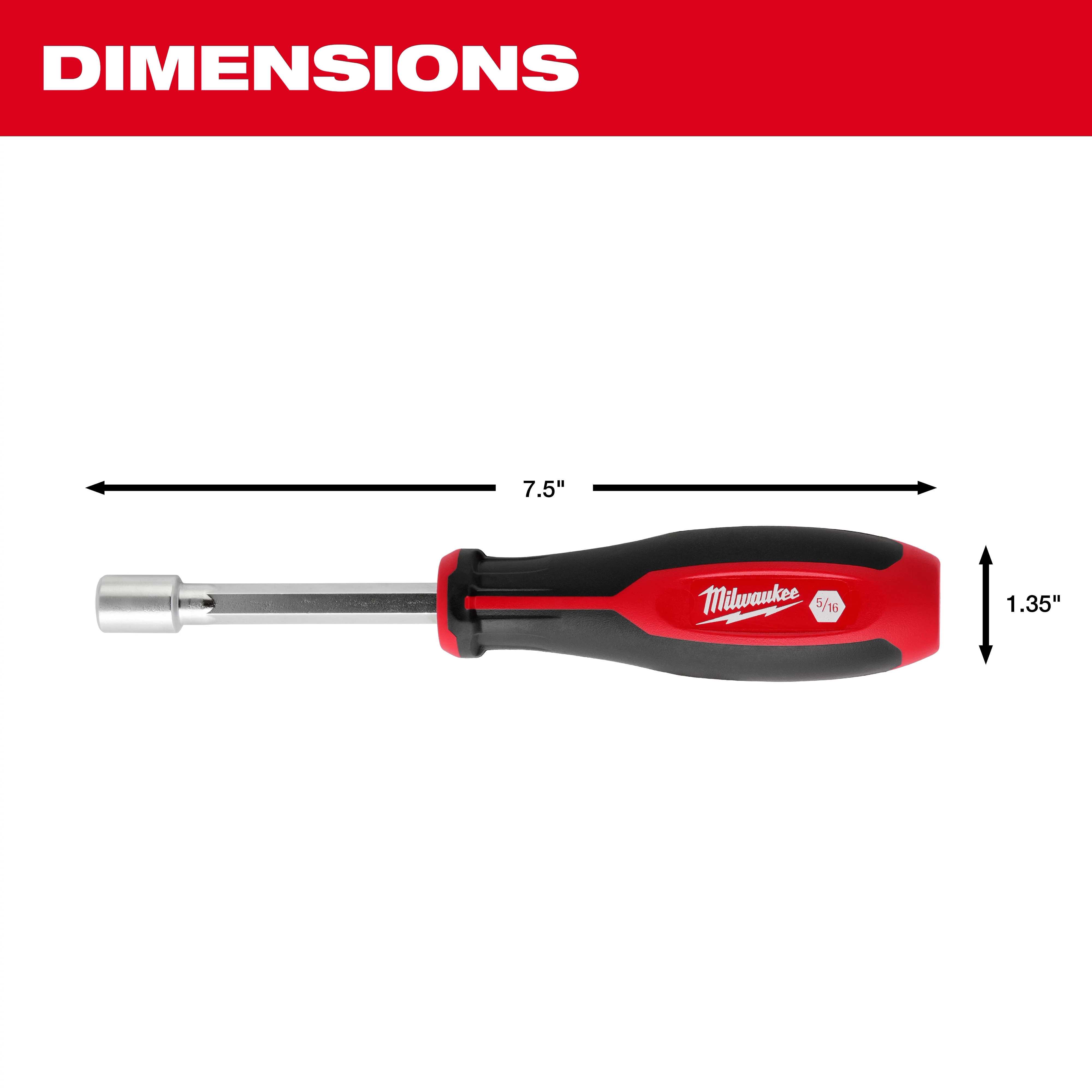 HollowCore Nut Driver - SAE, measuring 7.5 inches in length and 1.35 inches in height, with a red and black handle.