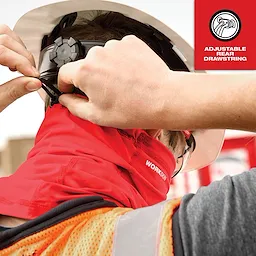 Person adjusting the drawstring of a red WORKSKIN Performance Neck Gaiter while wearing a white hard hat.