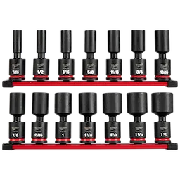 The 14PC SHOCKWAVE Impact Duty 1/2" Drive 6 Point SAE Deep Swivel Socket Set features 14 black sockets on red holders. These durable, deep swivel sockets range in size from 7/16" to 1-3/16" and are designed for impact usage, making them ideal for heavy-duty applications.