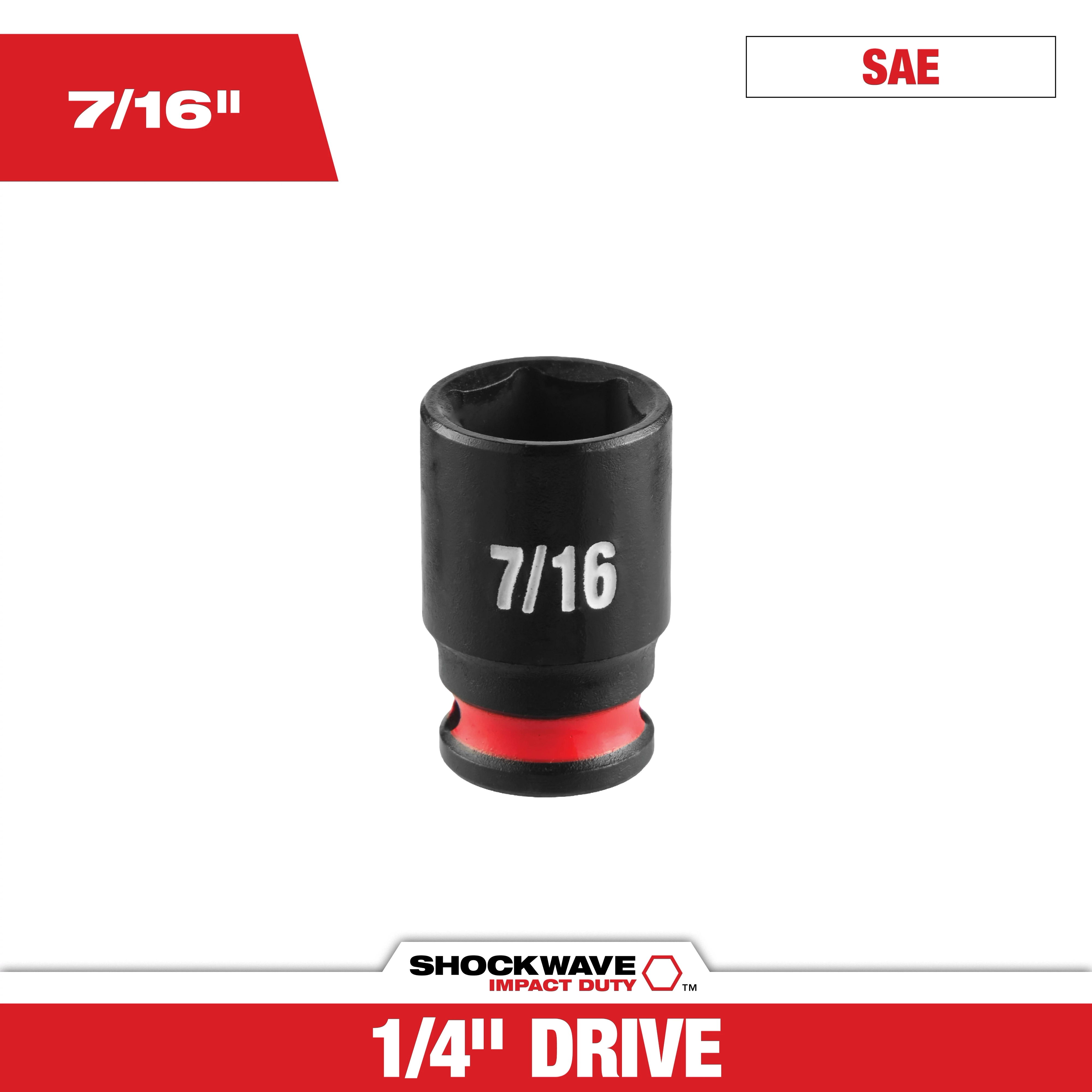 SHOCKWAVE Impact Duty 1/4" Drive 7/16" Standard 6 Point Socket centered on a white background.