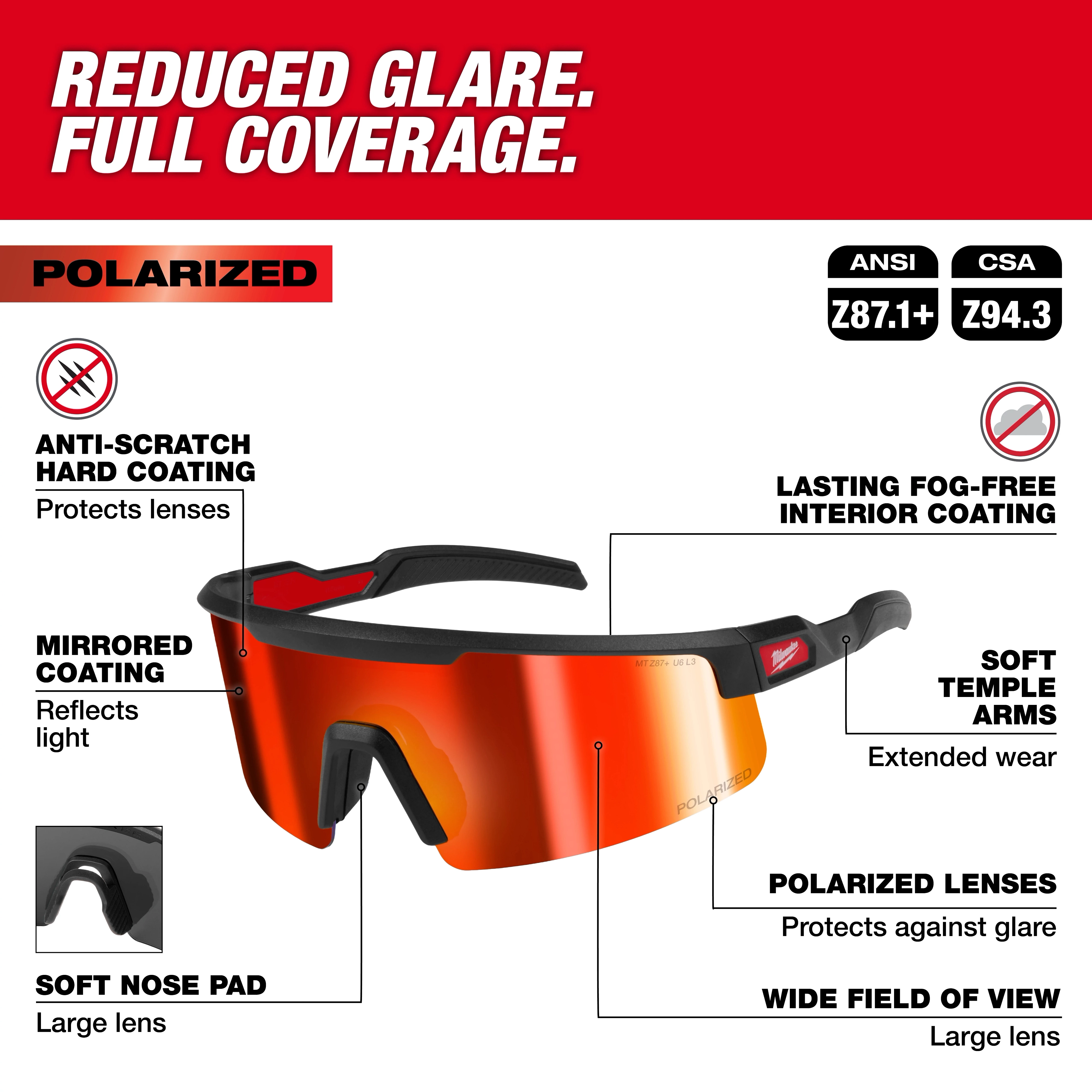 Polarized Wrap Around Safety Glasses with red mirrored dual coat lens, featuring anti-scratch, fog-free coatings, and soft nose pad.