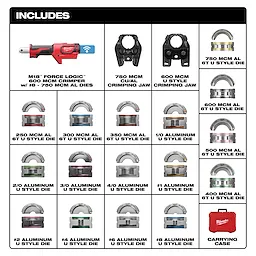 The M18™ 600 MCM Crimper w/ #8 - 750 MCM Al Dies includes a crimper tool, crimping jaws, and various U style die sets ranging from 250 MCM AL up to 750 MCM AL. It also comes with a carrying case.