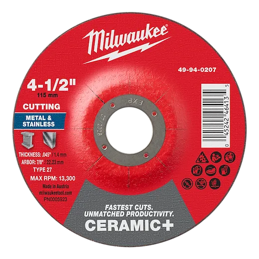 Red and black 4-1/2" x .045" x 7/8" Ceramic+ Metal Cut Off Wheel - Type 27 for cutting metal and stainless steel.
