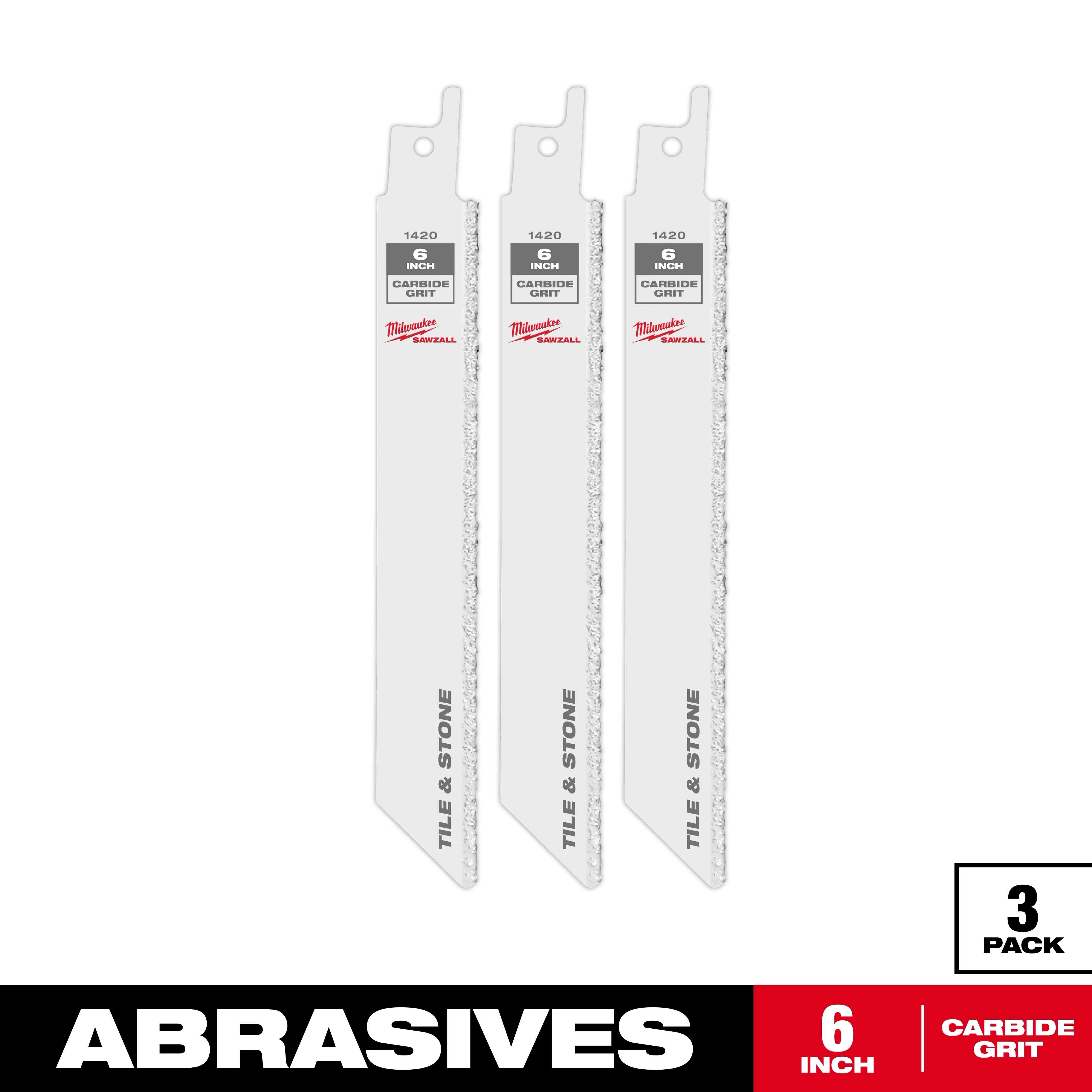 The 6" Carbide Grit SAWZALL® Blade (3 PK) is shown. The product includes three white blades designed for cutting tile and stone, with carbide grit. The packaging emphasizes abrasives and a six-inch length.