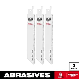 The 6" Carbide Grit SAWZALL® Blade (3 PK) is shown. The product includes three white blades designed for cutting tile and stone, with carbide grit. The packaging emphasizes abrasives and a six-inch length.