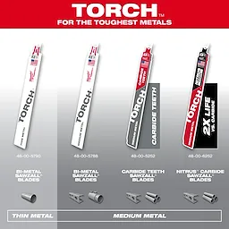 Milwaukee's TORCH Sawzall Blades, including bi-metal, carbide teeth, and Nitrus carbide options, are for cutting thin and medium metal. The product numbers are 48-00-5790, 48-00-5788, 48-00-5252, and 48-00-6252. The tagline reads, "For the toughest metals."