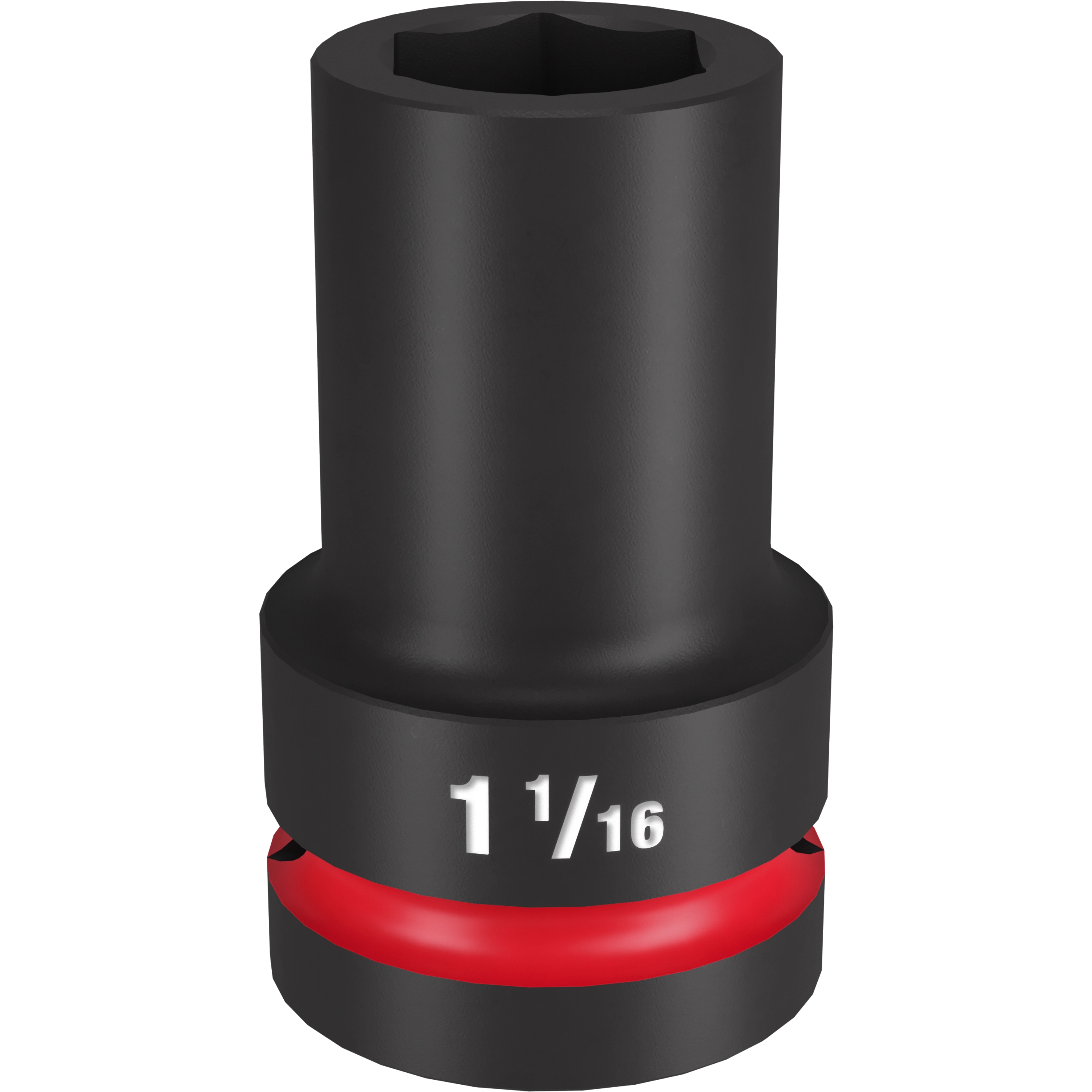 The 1" DR 1-1/16" Deep Impact Socket is a black cylindrical tool with a hexagonal drive at the top. It features a red band near the base and "1 1/16" is prominently printed on the side.