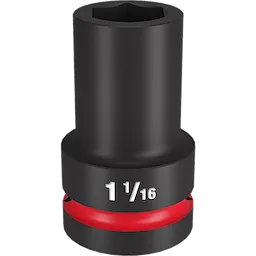 The 1" DR 1-1/16" Deep Impact Socket is a black cylindrical tool with a hexagonal drive at the top. It features a red band near the base and "1 1/16" is prominently printed on the side.