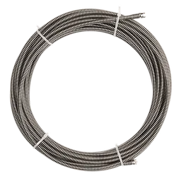 A coiled steel drain snake cable secured with white plastic ties for web use only, shown against a plain white background.