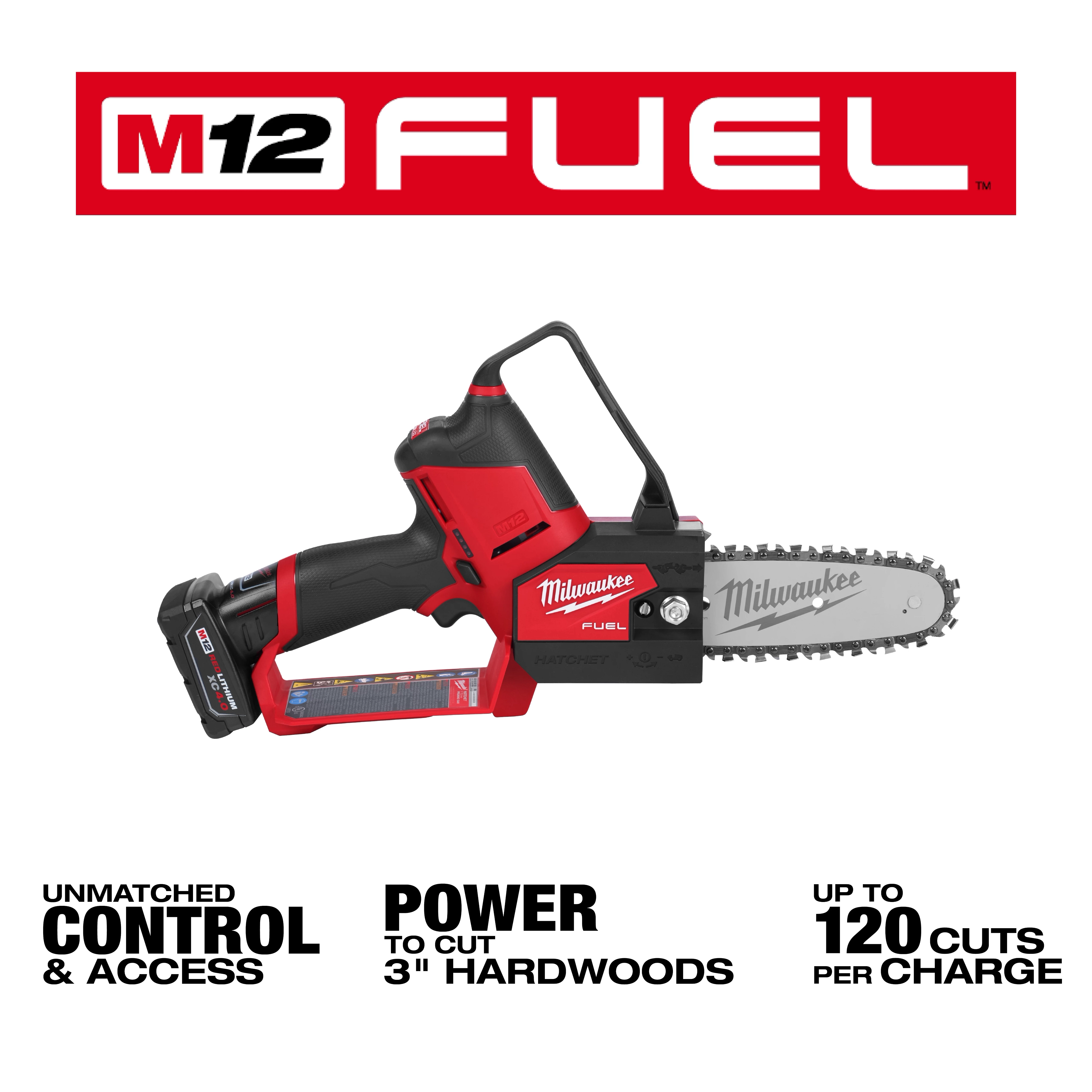 The image features an M12 FUEL™ HATCHET™ 6" Pruning Saw by Milwaukee, highlighting its red and black design. Text emphasizes "Unmatched control & access," "Power to cut 3" hardwoods," and "Up to 120 cuts per charge." The M12 FUEL™ logo appears at the top.