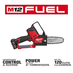 The image features an M12 FUEL™ HATCHET™ 6" Pruning Saw by Milwaukee, highlighting its red and black design. Text emphasizes "Unmatched control & access," "Power to cut 3" hardwoods," and "Up to 120 cuts per charge." The M12 FUEL™ logo appears at the top.