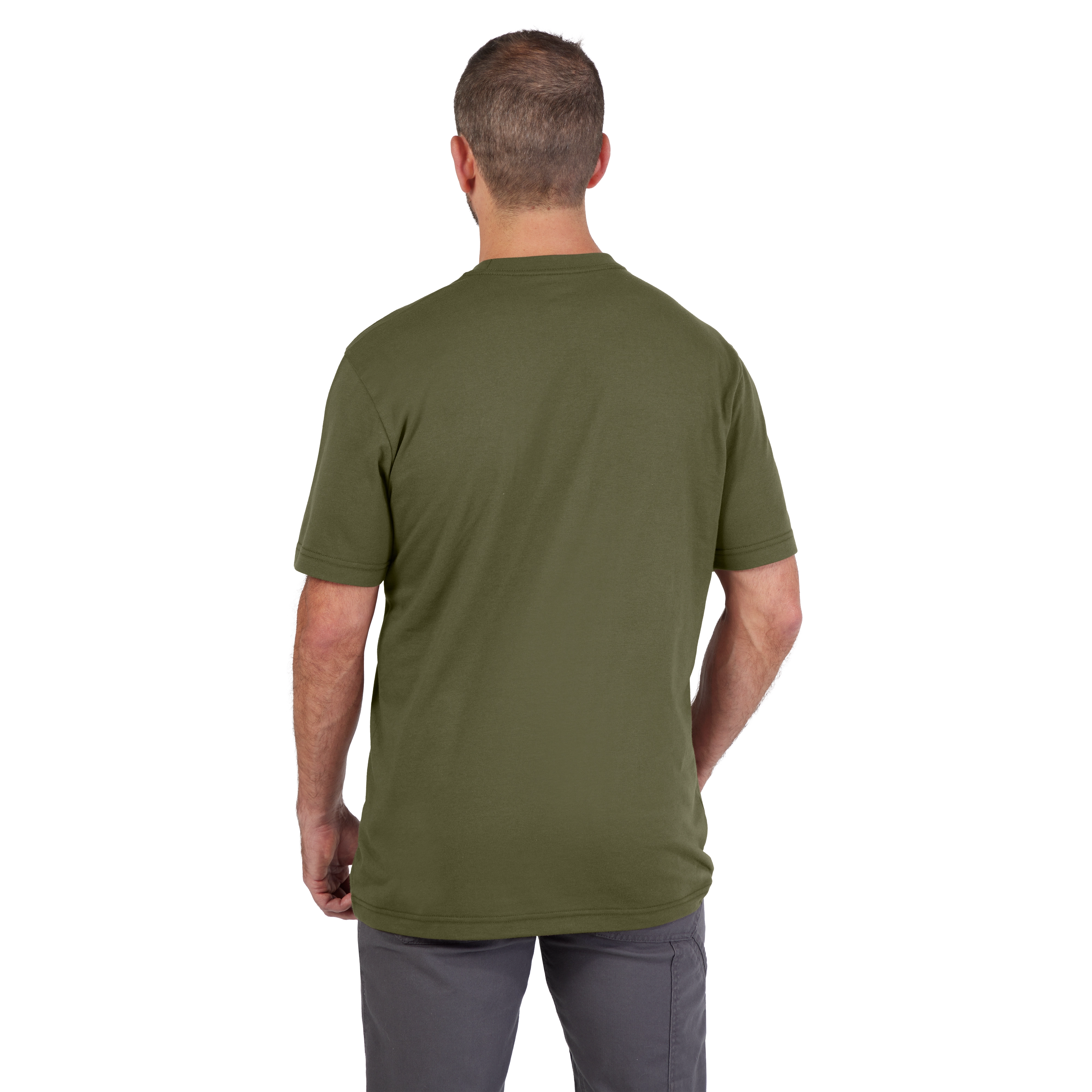 Man wearing a green Heavy Duty Pocket T-Shirt, shown from the back. The shirt has short sleeves and a relaxed fit.