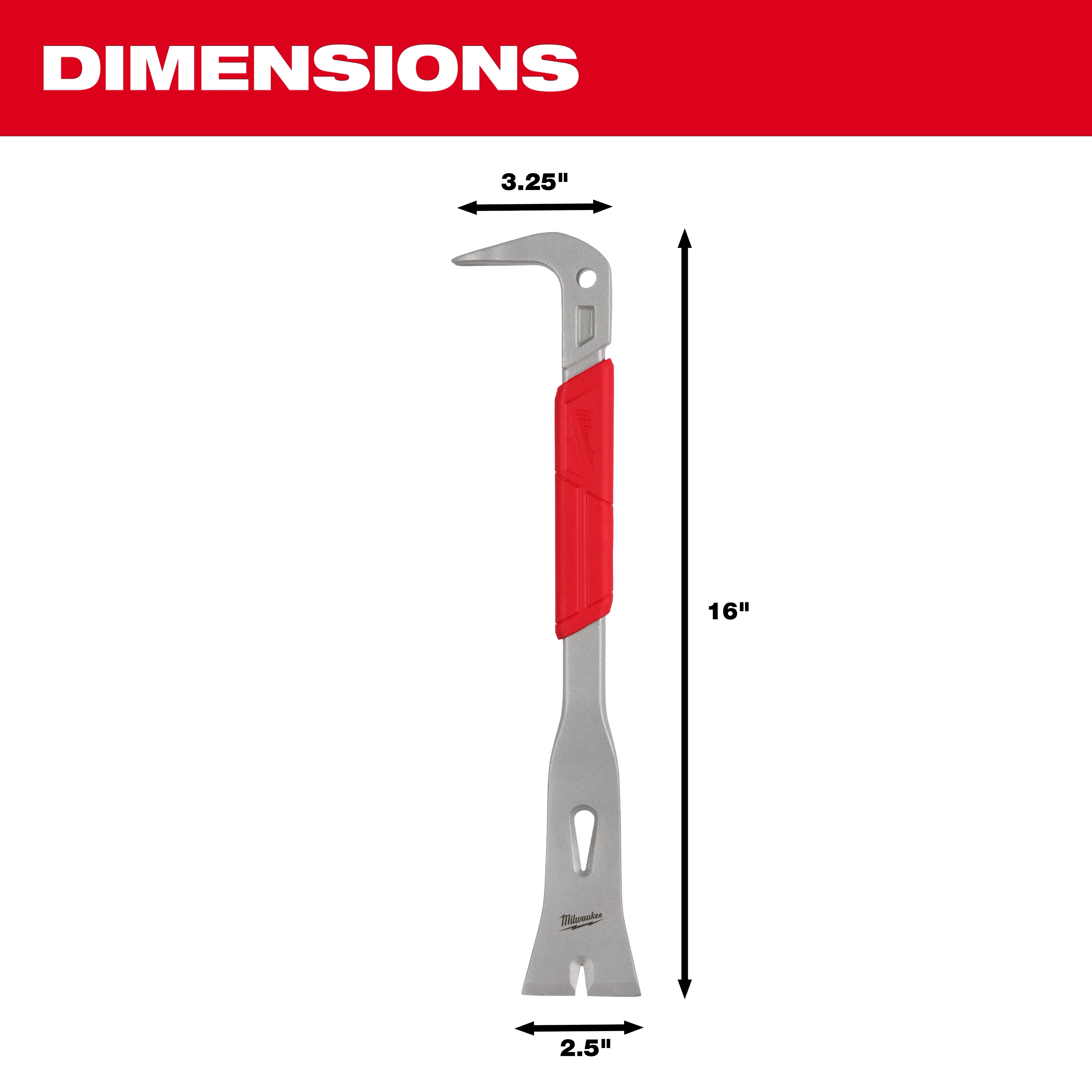 The 16" Molding Puller has a flat, wide end measuring 2.5", and a curved hook at the top measuring 3.25". The tool features a red grip in the center for comfortable handling. It is designed for pulling and removing molding and trim. Dimensions are clearly indicated.