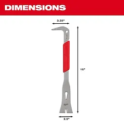 The 16" Molding Puller has a flat, wide end measuring 2.5", and a curved hook at the top measuring 3.25". The tool features a red grip in the center for comfortable handling. It is designed for pulling and removing molding and trim. Dimensions are clearly indicated.