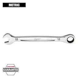 This image shows an 18mm Milwaukee metric wrench with an open-end and a ratcheting box-end. The wrench is silver, and the number 18 is printed on each end. The top left corner says "METRIC" and the bottom left corner shows a "Lifetime Guarantee" badge.