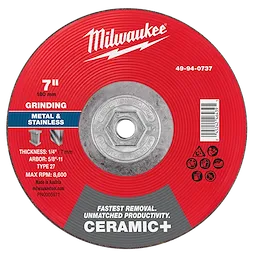7" x 1/4" x 5/8"-11 Ceramic+ Metal Grinding Wheel - Type 27 for metal and stainless steel, maximum RPM 8,600. Made in Austria.