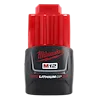 The image shows a Milwaukee M12 REDLITHIUM CP 3.0 battery pack. The battery has a red and black design, with the Milwaukee logo and product name displayed on the front. It is a compact, high-performance Lithium-ion battery.