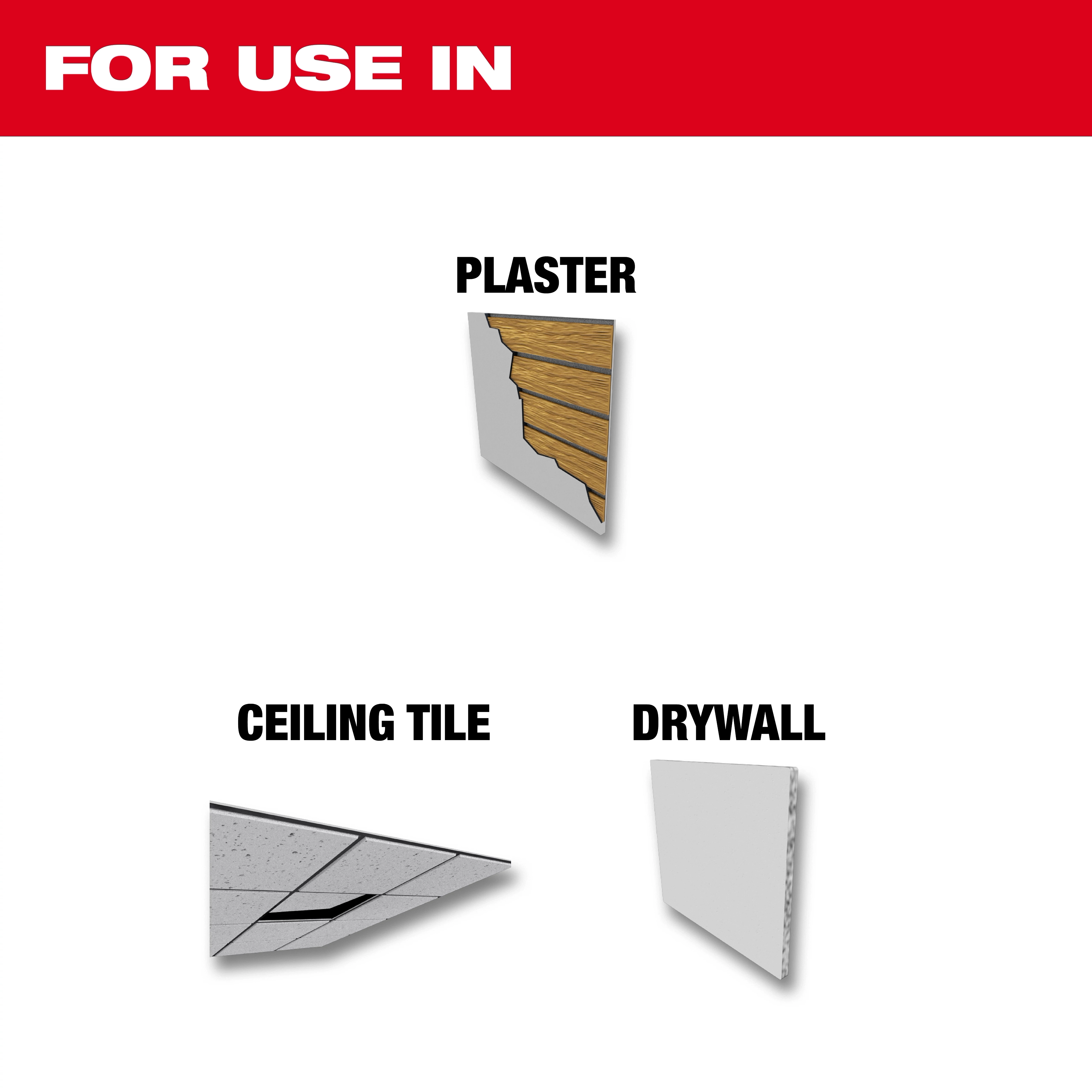 Plaster, Ceiling Tile, and Drywall For Use In graphic displays applicable materials: plaster, ceiling tile, and drywall.