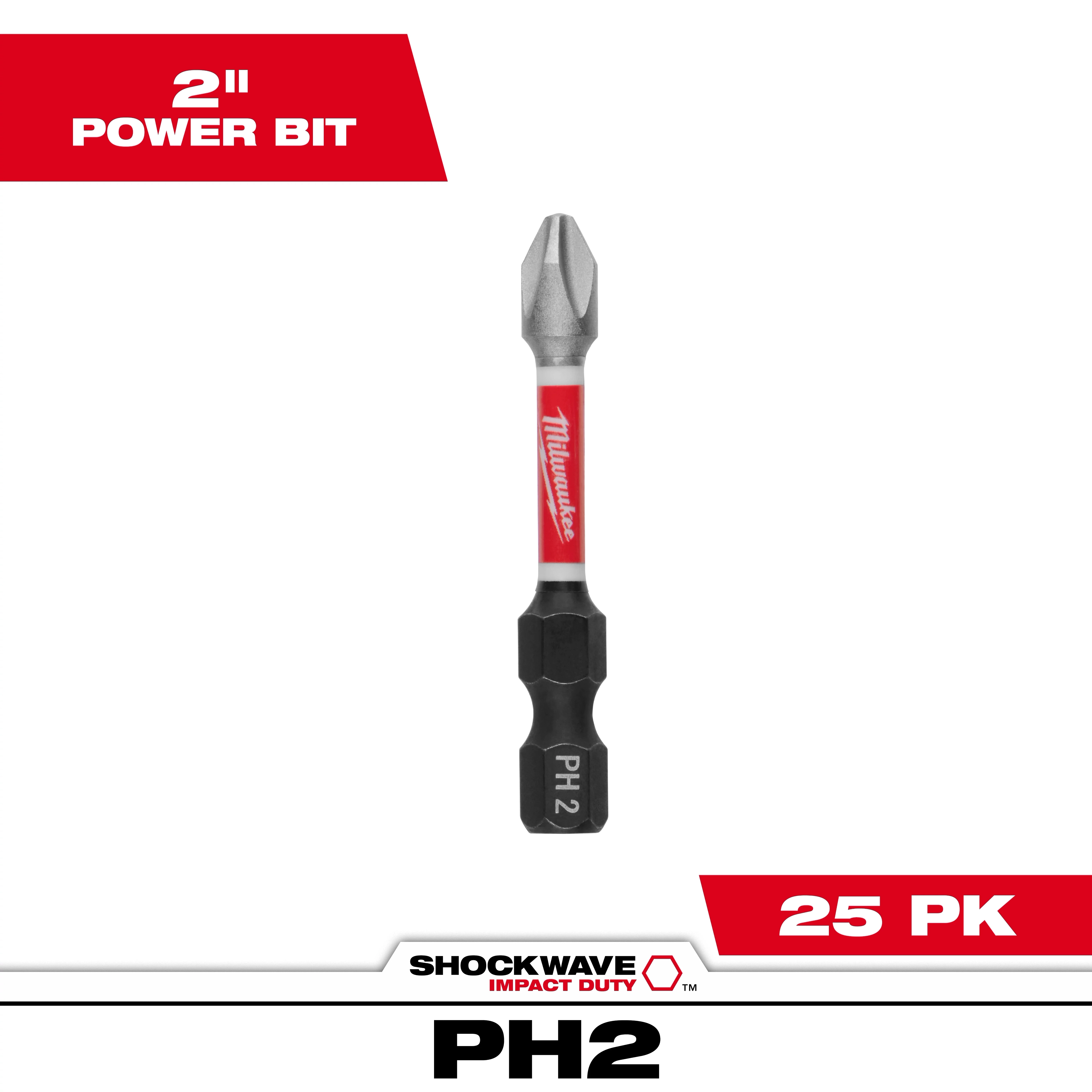 The image is of the SHOCKWAVE™ 2” Impact Duty Phillips #2 Power Bits Bulk 25 pack. The power bit is shown alone, with "PH2" marking, in a red color scheme. The text highlights its 2-inch length and 25-pack quantity, suitable for impact-duty use.