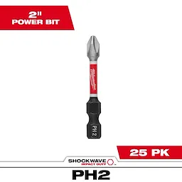 The image is of the SHOCKWAVE™ 2” Impact Duty Phillips #2 Power Bits Bulk 25 pack. The power bit is shown alone, with "PH2" marking, in a red color scheme. The text highlights its 2-inch length and 25-pack quantity, suitable for impact-duty use.