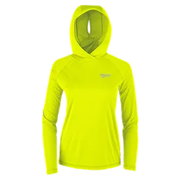 This image shows a Women's WORKSKIN™ Hooded Sun Shirt in yellow. It features long sleeves, a hood, and the Milwaukee logo on the chest. The shirt is designed for sun protection and is made from a lightweight fabric for comfort.