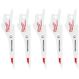 The image shows a Milwaukee Sawzall Image Reel ductwork blade. It is white with red accents and includes the Milwaukee branding in red text. The blade is designed for cutting ducts, features a pointed tip, and has serrated edges for precision cutting.