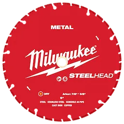 The 9” STEELHEAD™ Metal Cutting Diamond Blade by Milwaukee features a red circular design with a central hole for mounting. It is designed for cutting steel, stainless steel, Schedule 40 pipe, cast iron, and copper.