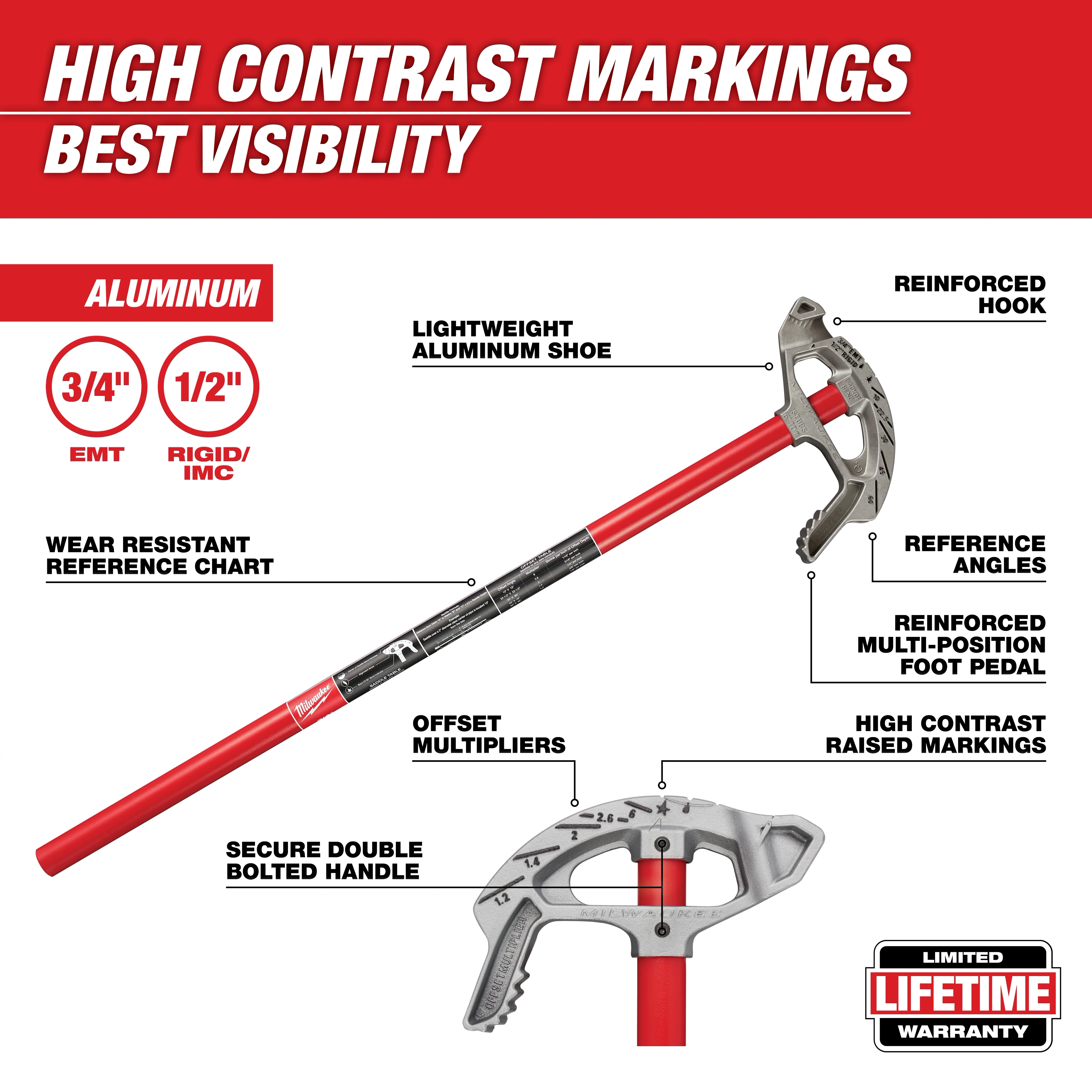 3/4" Conduit Bender Walkaround with a reinforced hook, aluminum shoe, high contrast markings, and a double bolted handle.
