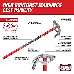 3/4" Conduit Bender Walkaround with a reinforced hook, aluminum shoe, high contrast markings, and a double bolted handle.