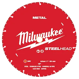 The image shows a red 12” STEELHEAD™ Metal Cutting Diamond Blade by Milwaukee, designed for cutting metal materials including steel, stainless steel, schedule 40 pipe, cast iron, and copper. The blade is labeled for dry use with an arbor size of 1 inch and 20 mm.