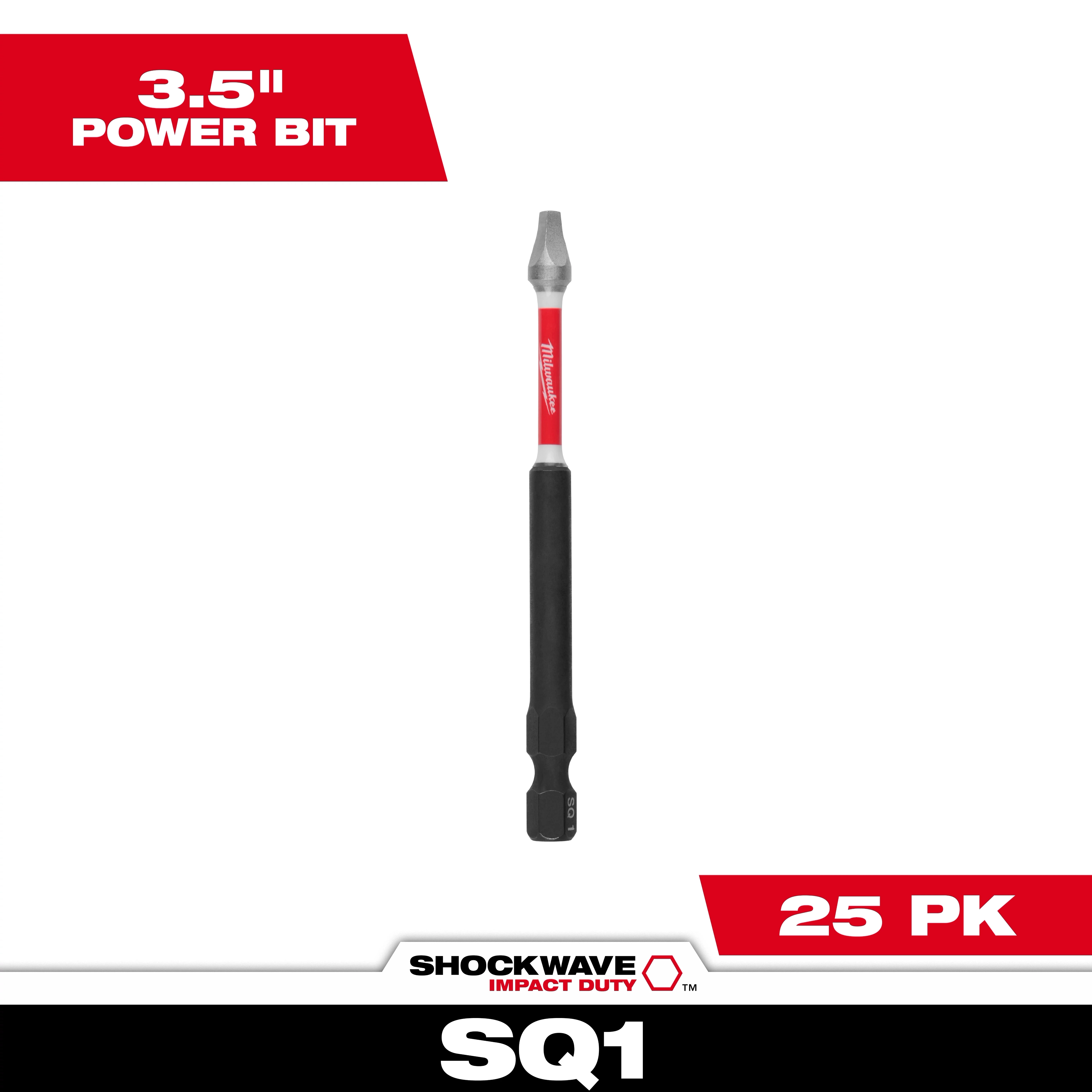 This image shows a SHOCKWAVE™ 3-1/2” Impact Duty Square Recess #1 Power Bit. It is presented against a white background with text specifying the size and packaging quantity (25 pack). The bit has a black grip and red branding, used for heavy-duty fastening tasks.