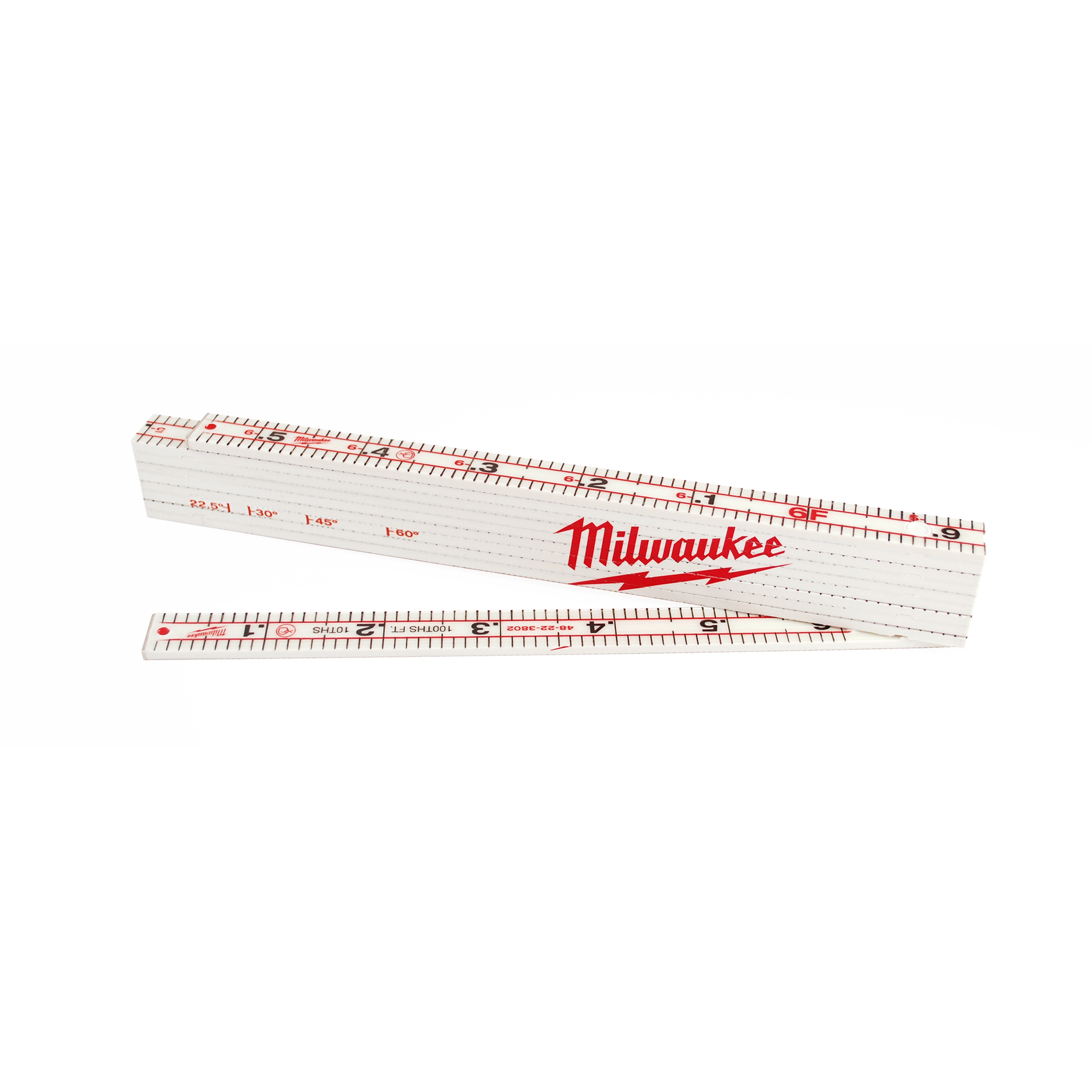 Milwaukee Folding Rule features a white, segmented design with red and black markings. It displays measurements in inches and centimeters. The rule is partly extended, with red branding prominently displayed.