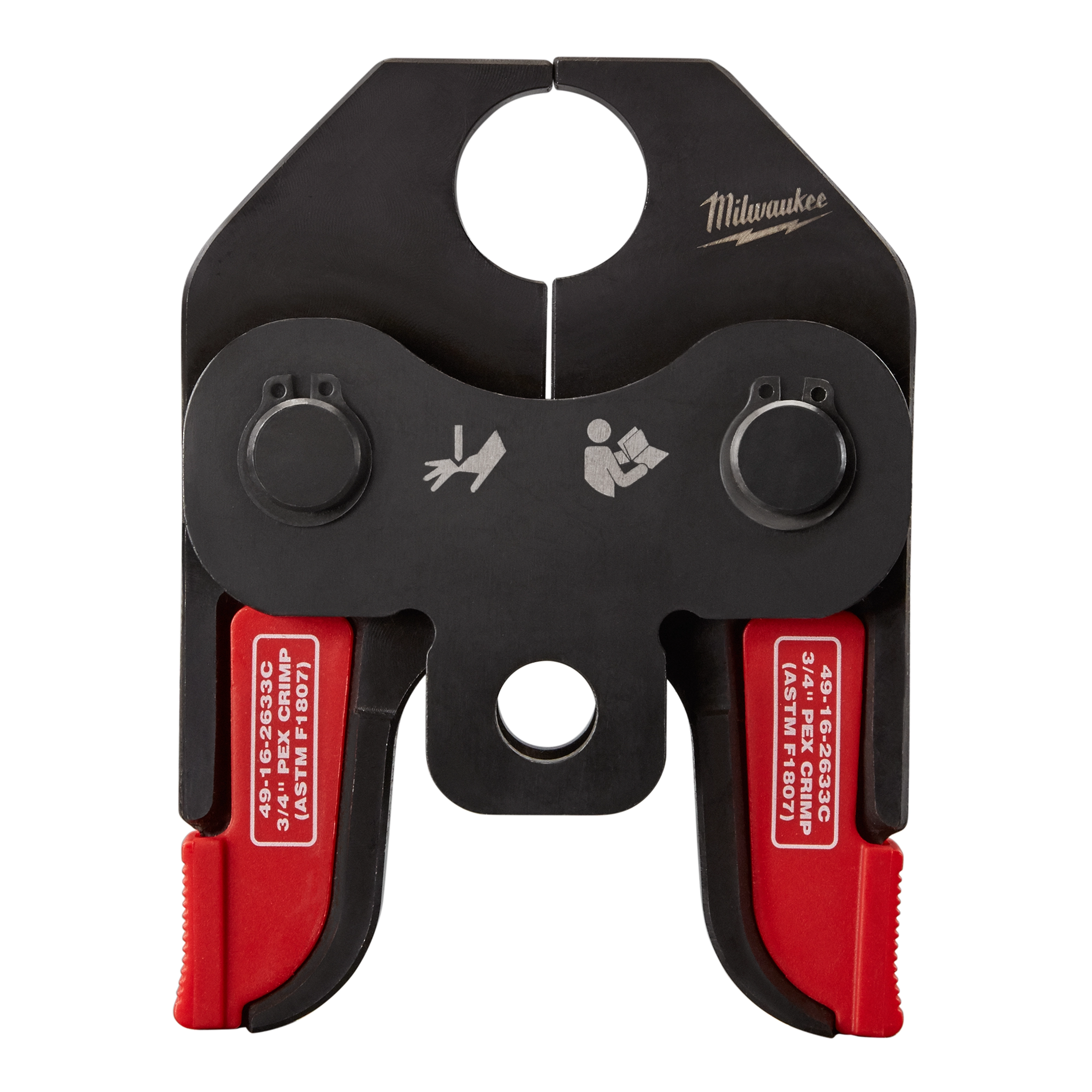 Milwaukee PEX Crimp Jaws with black metal body and red rubber handles for plumbing and pipe fitting tasks.
