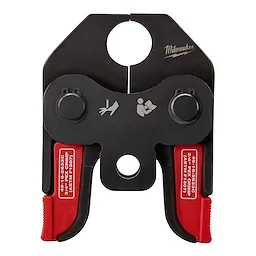 Milwaukee PEX Crimp Jaws with black metal body and red rubber handles for plumbing and pipe fitting tasks.