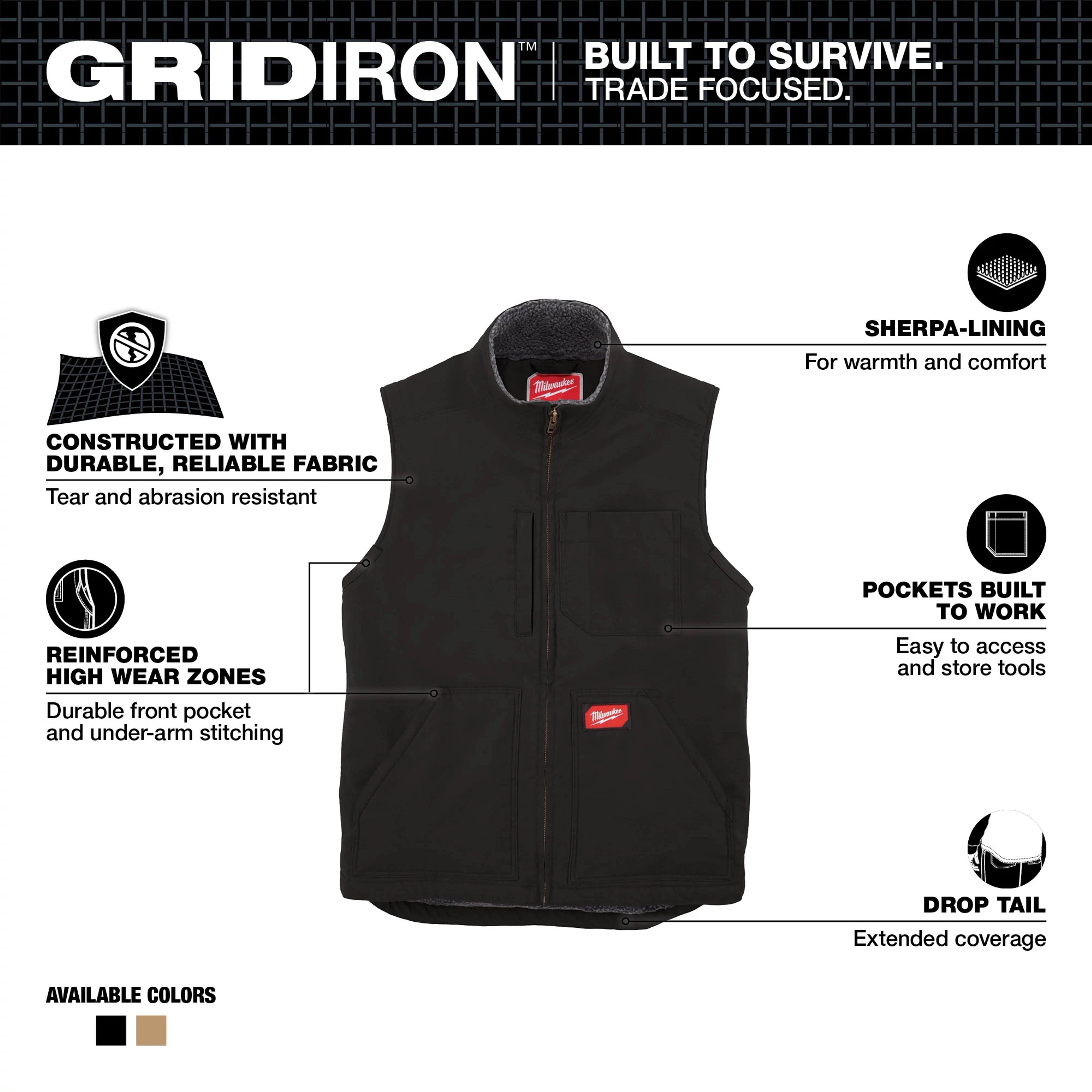 Heavy Duty Sherpa-Lined Vest - Black Walkaround features reinforced high wear zones, durable fabric, multiple pockets, and a drop tail.