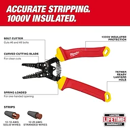 1000V Insulated 10-20 AWG Wire Stripper & Cutter with red and yellow handles, featuring bolt cutter, curved blade, and spring-loaded design.