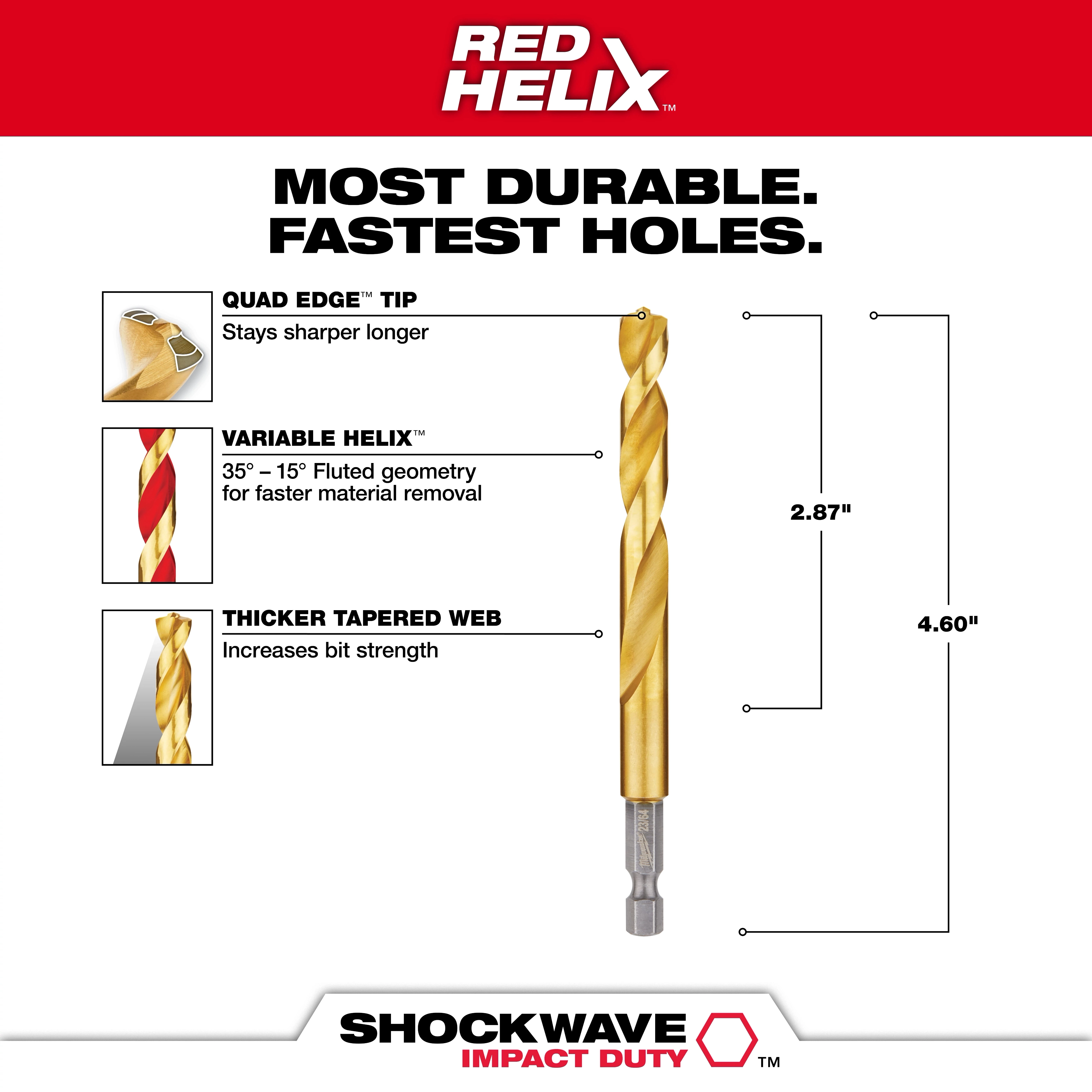 48-89-4620 Walkaround drill bit with Quad Edge tip, Variable Helix fluting for faster removal, and Thicker Tapered Web for increased strength.