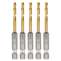 Five Red Helix Titanium Impact Drill Bits are aligned in a row against a white background. The drill bits have golden titanium-coated tips and silver hex shanks, designed for durability and precision.