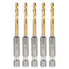 Five Red Helix Titanium Impact Drill Bits are aligned in a row against a white background. The drill bits have golden titanium-coated tips and silver hex shanks, designed for durability and precision.