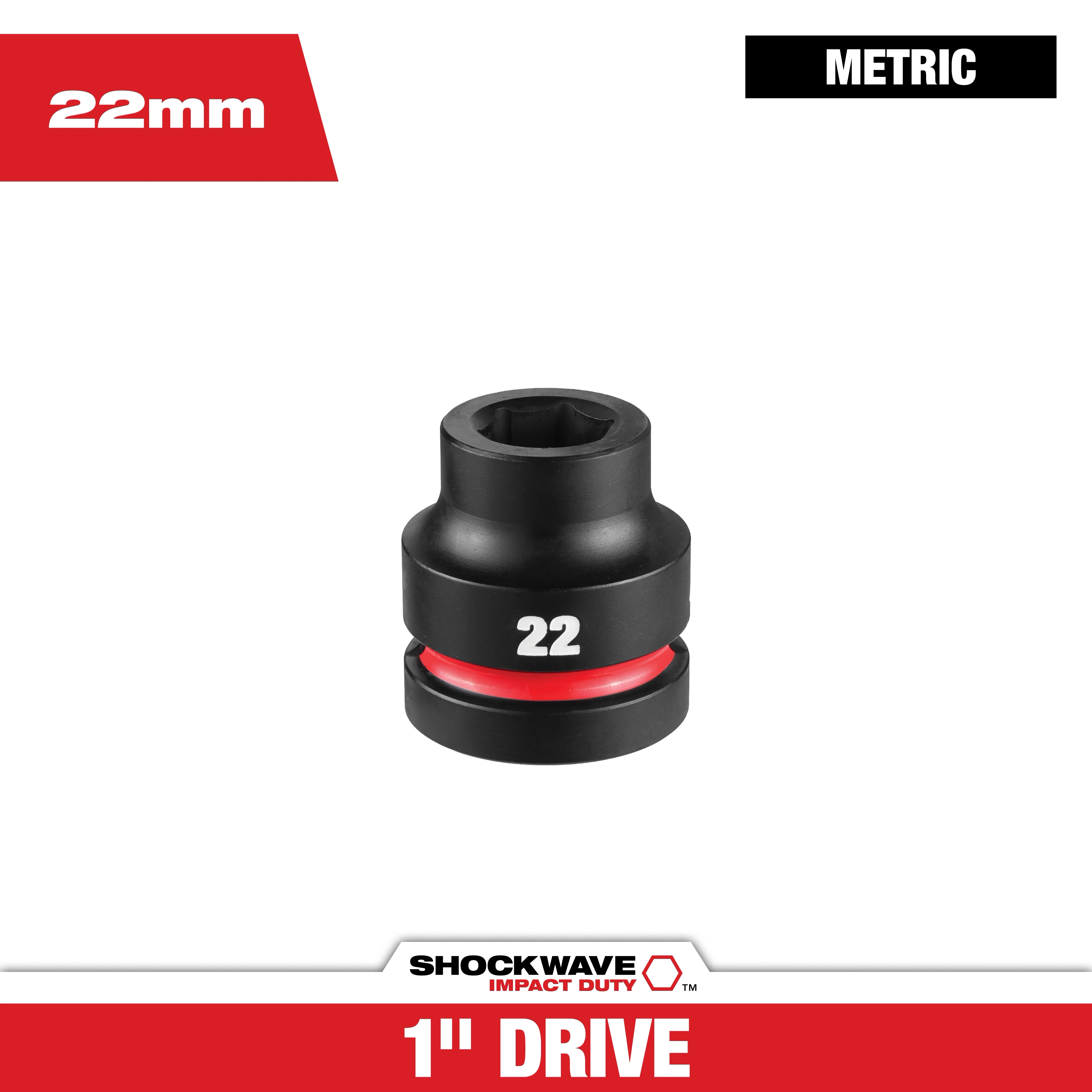 SHOCKWAVE Impact Duty 1" Drive 22MM Standard 6 Point Socket centered with 22mm and metric labels.