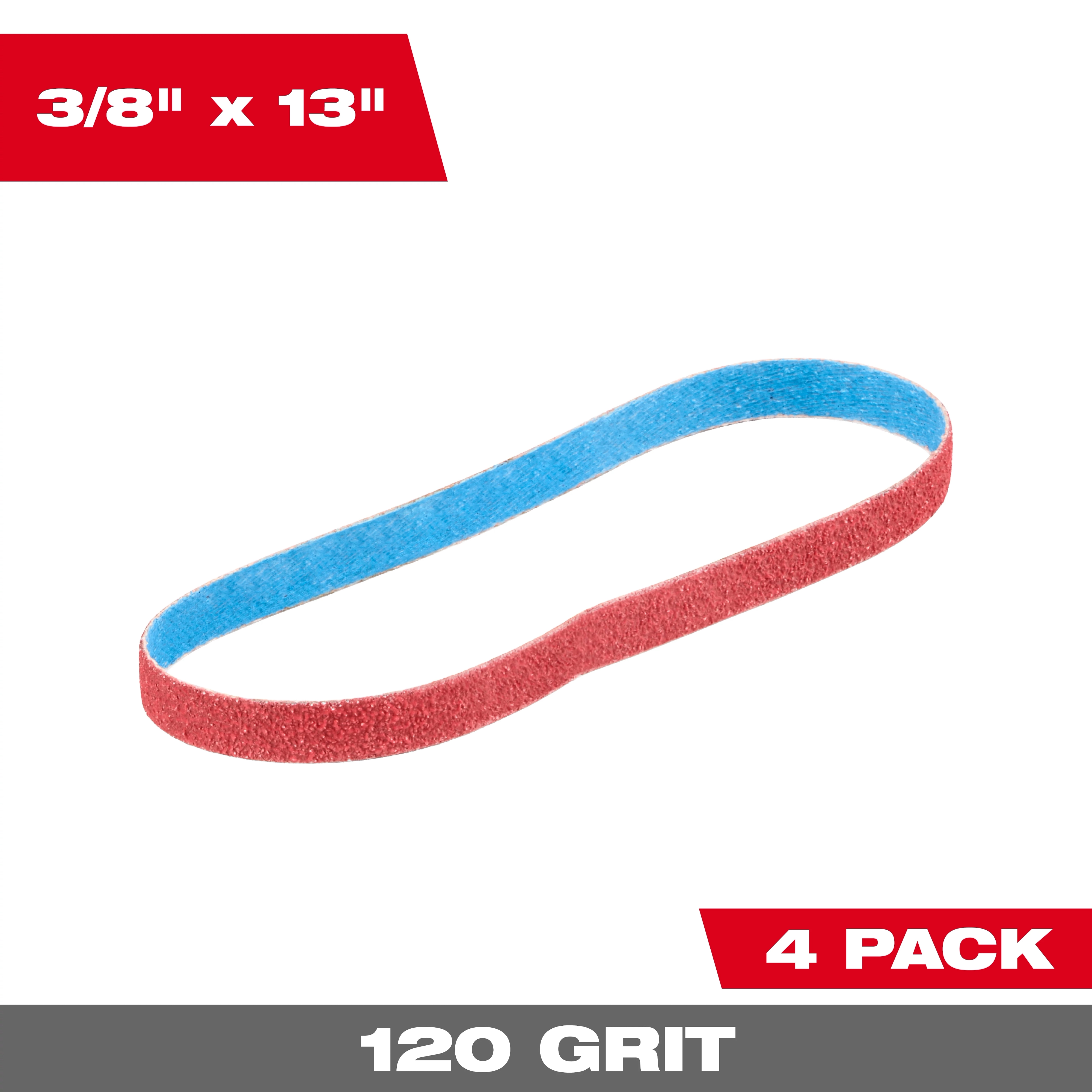 Image of the Milwaukee 3/8” x 13” 120 Grit Bandfile Belt with the text "3/8" x 13". 4 pack. 120 grit"